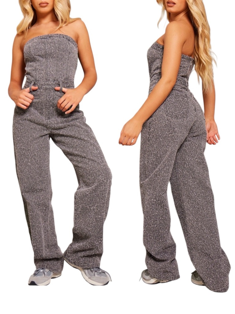 NWT PrettyLittleThing Grey Textured Bobble Straight Leg Corset Jumpsuit